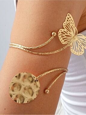 Gold Butterfly & Disc Arm Cuff Bracelet - Women Jewelry